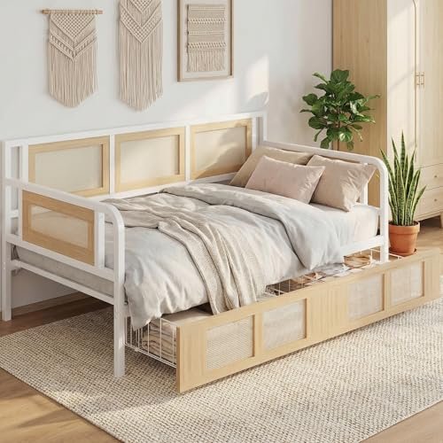 ANCTOR Twin Daybed, Day Bed Frame with Storage Drawers, Rattan Boho Corner Bed Frames with Strong Supports, Sofa DayBed for Living Room, Bedroom, and Guest Room, White