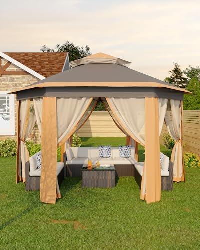 GarveeLife 13'x13' Pop-Up Gazebo, Outdoor Hexagonal Patio Gazebo with Mosquito Netting, Instant Setup Canopy Tent with Strong Steel Frame and Sandbags, for Backyard, Gardens, Patio (Khaki)