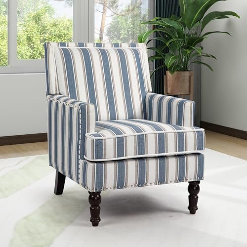 WakeZero Accent Chair, Comfy Cozy Modern Mid-Century Accent Chairs, Linen Upholstered Lounge Arm Chair with Solid Wood Reading Side Padded Single for Living Room/Office/Balcony/Bedroom-Blue Stripe