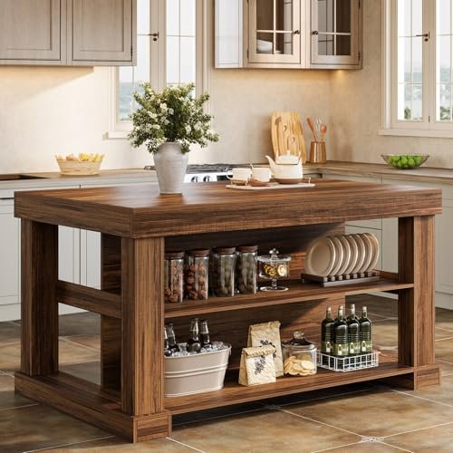 Tribesigns 55" Kitchen Island with Seating and Storage, 3-Tier Farmhouse Wood Stationary Island Table with Large Worktop & Leg Room, Coffee Bar Table with Storage Shelves for Kitchen, Dark Brown