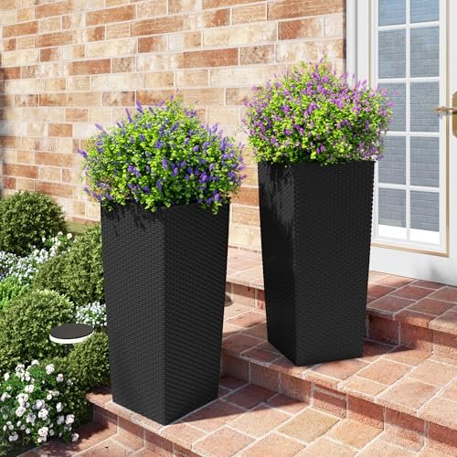 Vigo huseeo 23in Tall Planter Set of 2, Large Self Watering Pots for Indoor/Outdoor Plants with Drain Holes, Water Level Monitor, Inner Bucket for Front Porch Patio, Black Rattan