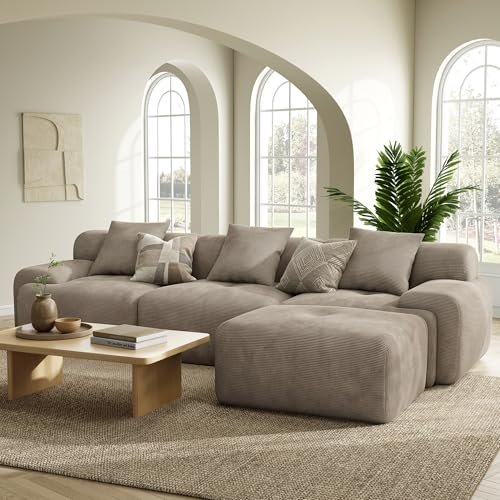 LIKIMIO LumiCord Modular Sectional Sofa with Ottoman, 118" L-Shaped Boneless Couch for Living Room, Oversized Deep Seat with Corduroy Upholstery, No Assembly Required, Light Brown