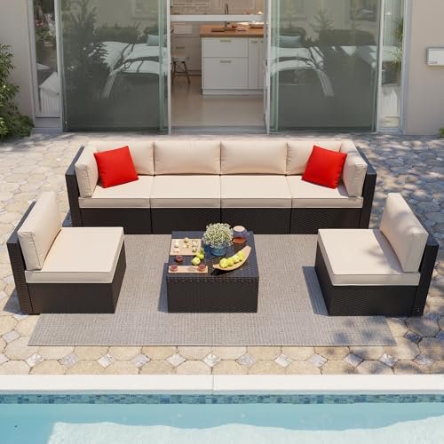 Shintenchi 7 Pieces Patio Furniture Sets Outdoor All-Weather Sectional Patio Sofa Set PE Rattan Manual Weaving Wicker Patio Conversation Set with Glass Table&Ottoman Cushion and Red Pillows, Beige
