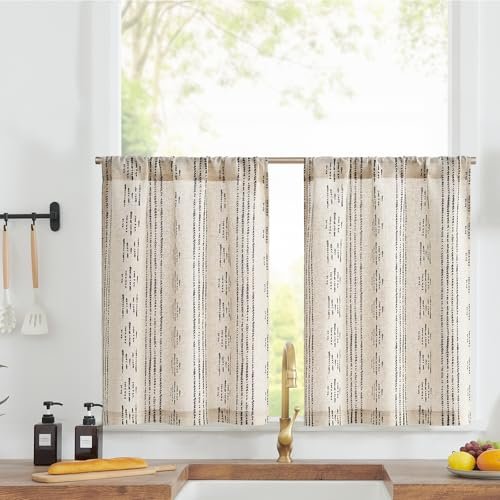 jinchan Boho Kitchen Linen Tier Curtains 30 Inch Bohemian Cafe Curtains Farmhouse Natural Striped Half Window Treatment for Bathroom RV Vintage Small Window Curtains 2 Panels Black on Beige
