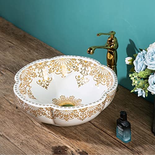 Moroccan Style White Gold Flower Shape Bathroom Vessel Sinks Art Ceramic Above Counter Sink Bowl for Vanity Top,Size Dia.16.4"