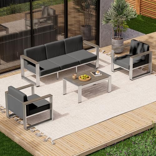 ComfCove Aluminum Patio Furniture Set, 5 Seats Outdoor Patio Conversation Sets with Ergonomic Seat and Wide Washable Thick Cushions, Modern Outdoor Sectional Furniture for Balcony, Porch (Charocal)