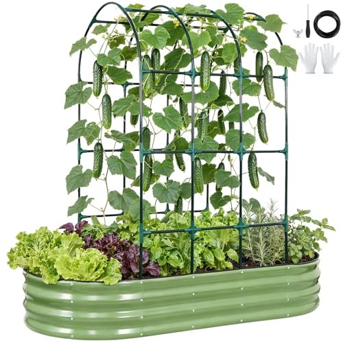 VIREO GARDEN Galvanized Raised Garden Bed with Arched Trellis | 6x3x1FT Metal Raised Garden Beds Outdoor for Gardening Climbing Plant | Planter Box Outdoor with Gloves for Vegetable Flower, OliveGreen