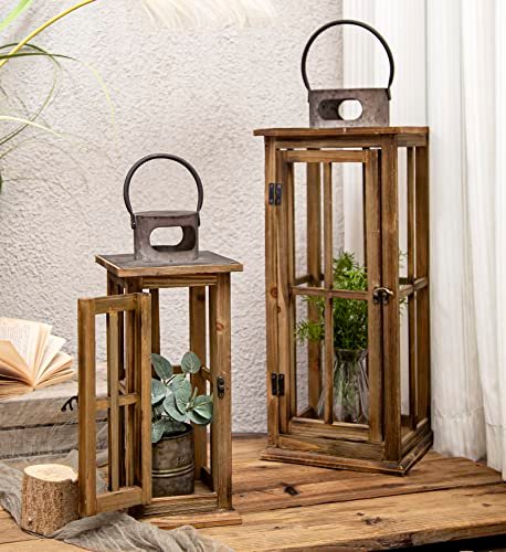 TIMRIS Large Farmhouse Wooden Metal Lantern Set of 2, Rustic Decorative Floor Candle Lanterns, Vintage Distressed Hanging Lanterns for Home Décor (No Glass)