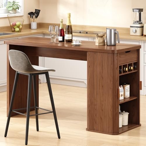 ONBRILL 59 Inch Kitchen Island with Storage, Fluted Counter Height Table, Mid-Century Modern Kitchen Island Table with Sliding Door, Home Bar Tables with Wine Rack and Drawers Walnut