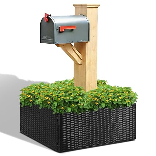 SUNNYPARK Mailbox Posts Wrap Planter Box, 24-inch Handmade Rattan Planter for 4x4 6x6 Posts, All-Weather Decorative Flower Box for Outside