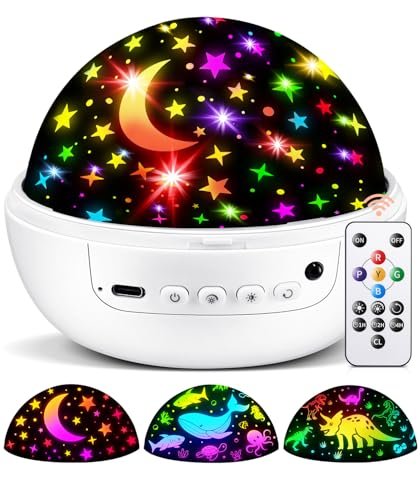 COOLNIGHT Boy Room Decor, 93 Lighting+3 Films Toddler Room Decor, Remote+Dimmable+360° Slient Nightlight for Baby Nursery, Starry Night Light Up Toys, Moon Projector (White)