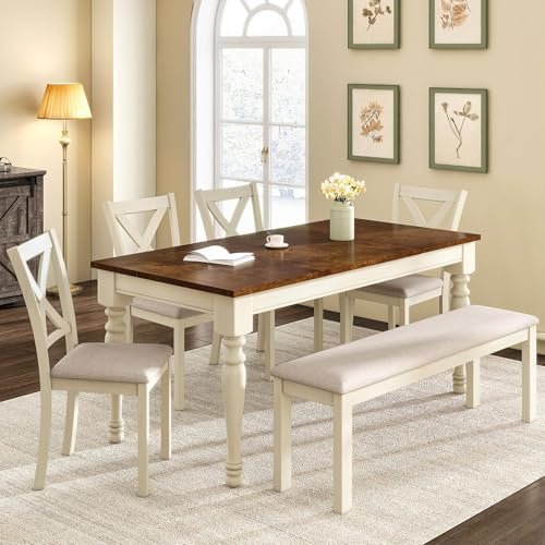 LUXOAK 6-Piece Solid Wood Dining Table Set, 71" Farmhouse Kitchen Table with 4 Upholstered Chairs and Bench, Large Dining Room & Kitchen Furniture Set, Cream White