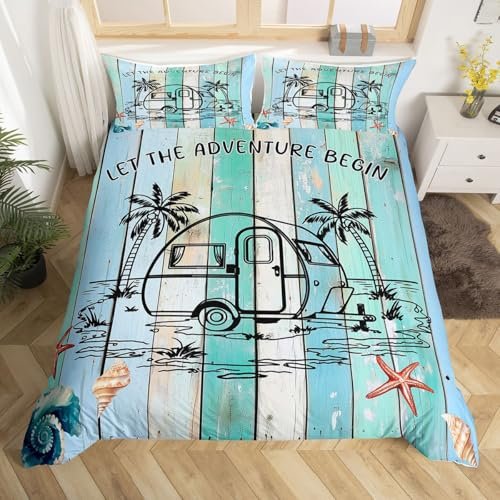 Homewish Camper Van Bedding Sets Queen Size,Coastal Beach Duvet Cover Set 3Pcs for Kids Girls Boys Women Room Decor,Coconut Trees Comforter Cover Ocean Starfish Shell Quilt Cover,2 Pillowcases