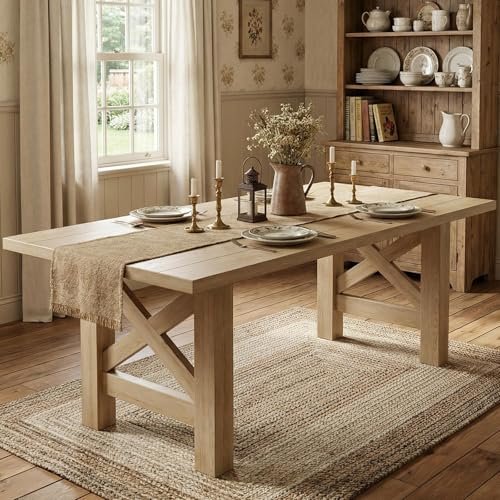 GarveeHome Dining Table for 6-8, 71" Long Large Wooden Farmhouse Kitchen Table with Thick Sturdy Frame, Rectangular Dining Room Dinner Table with Stable Triangular Legs for Kitchen,Office, Natural