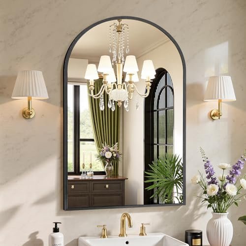 Sweetcrispy 24"x36" Arch Black Bathroom Wall Mirror, Metal Frame Vanity Mirror for Bedroom, Entryway, Living Room