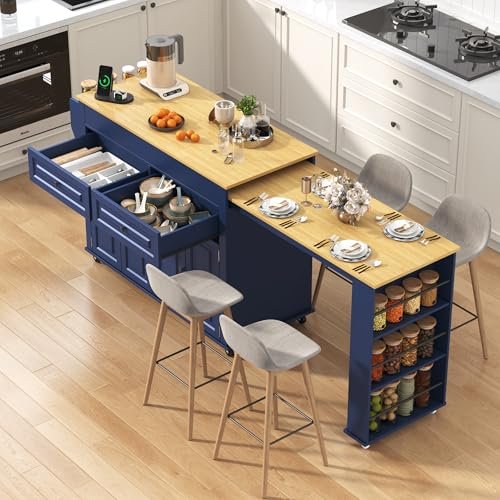 80"-48" Extendable Kitchen Island with Extended Dining Table and Power Outlet,Large Mobile Kitchen Storage Islands with 2 Storage Drawers,Rolling Islands Cart with 3 Extra Rows Open Shelves(Blue)