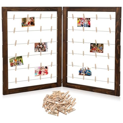 Geelin Photo Display Board with Clips Farmhouse Graduation Picture Display Wooden Rustic Freestanding Picture Collage Frame 2026 Grad Decor for Postcard Home Dorm(2 Panel,36 x 24 Inch)