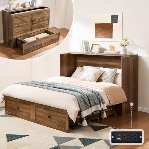 AMERLIFE Queen Murphy Bed Cabinet with Charging Station and Storage, Farmhouse Foldable Platform Bed for Guest Room, Office, Small Spaces, Barnwood