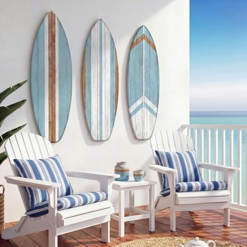 Yookeer 3 Pcs Surfboard Wall Decor,36" x 12" Large Wooden Surfboard Wall Art Set, Beach Room Decor Aesthetic Cute Beachy Tropical Surf Board Art for Surfer Bedroom Decoration(Blue,Cute)