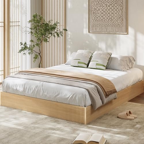 Garvee Queen Bed Frame, Wood Platform Bed with Fluted Design, Low Profile BedFrame, Minimalist Bed Base with Noise-Free, Easy Assembly, No Box Spring Needed, Natural