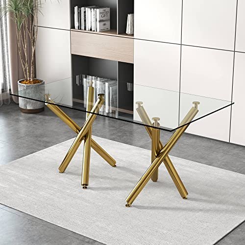 71 in Glass Dining Table,Gold Dining Table for 6-8，Large Size Kitchen and Dining Room Table with Tempered Glass top and Gold Metal Legs, Modern Rectangular Dining Table (Golden)