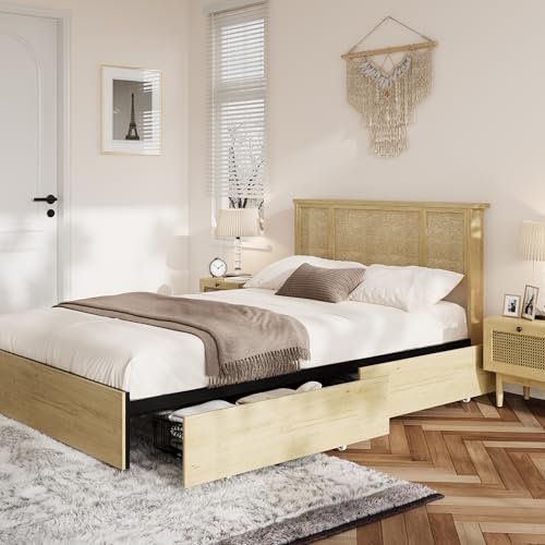 Garvee Queen Bed Frame with Natural Rattan Headboard, 4 Storage Drawers, Sturdy Metal Platform and Wooden Slats, Boho Style Cane Bed Frame for Bedroom, No Box Spring Needed, Mattress Foundation