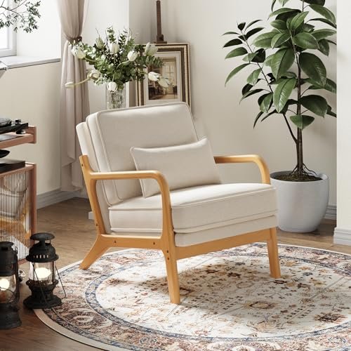 MALOL Accent Chair with Solid Wood Frame, Mid-Century Relaxing Armchair Lumbar Pillow& Soft Cushion, Reading Leisure Chair for Living Room, Bedroom, Waiting Room-Beige