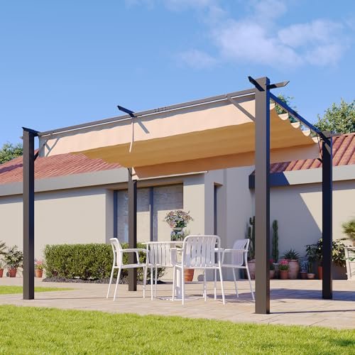 Aoxun 10'x12' Outdoor Retractable Pergola, Heavy Duty Metal Frame Pergola with Adjustable Sun Shade Canopy, Modern Backyard Pergola for Garden, Deck, Patio, Lawn,Grape Trellis