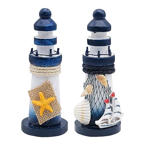BLLREMIPSUR 2 PCS Mini Lighthouse Decor, Wooden Miniature Lighthouse Model, Nautical Theme Decoration for Bathroom, Baby Shower, Party, Kids Nursery