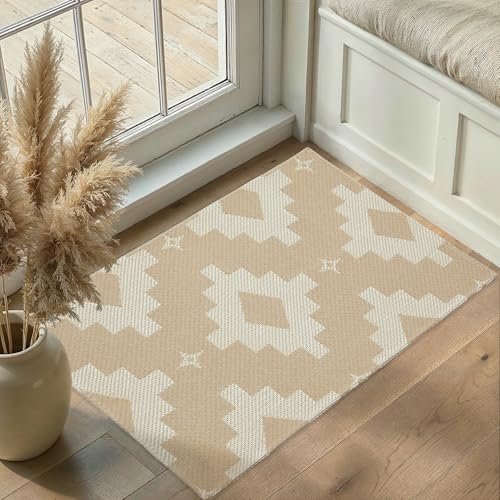 MatEssenz 2x3 Washable Entryway Rug, Woven Boho Geometric Indoor Front Door Mat, Pet Friendly Neutral Farmhouse Accent Throw Rug for Kitchen & Bedroom, Beige