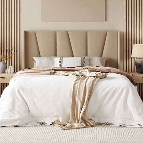 Allewie Queen Size Platform Bed Frame with Geometric Wingback Headboard, Boho Upholstered Bed with Wooden Slats Support, No Box Spring Needed, Easy Assembly, Beige