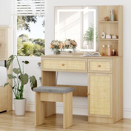 Brafab Rattan Vanity Desk with LED Lights Mirror and Chair, Wooden Makeup Vanity Set with Charging Station with 2 Storage Drawers, Boho Dressing Table with 3 Color Lighting Modes Brightness, Natural