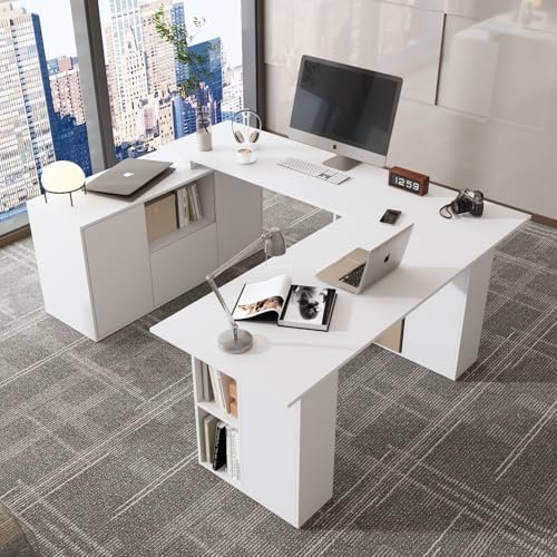 TAMUNE U-Shaped Electric Standing Desk with Drawer and Doors, Adjustable Sit Stand Desk with Open Shelves, for Home Office White 63" D x 72.4" W x 28.1"-46.6" H
