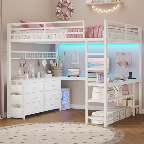 ADORNEVE Loft Bed Full Size with U-Shaped Desk, 6 Storage Drawers, Power Outlet, LED Metal Loft Bed with 2 Storage Shelves, Bed with Safety Guardrail & Ladders,Space-Saving,White