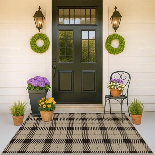 Washable Plaid Indoor Outdoor Rug 3x5 for Front Porch, Entryway, Patio, No Shed Easy Jute Non Slip TPR Backing Area Rug for Large Kitchen, Farmhouse Black & Tan Checkered Seegrass Aesthetic