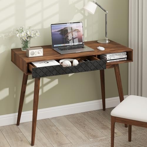 Tangkula Mid-Century Modern Computer Desk, Home Office Desk w/Drawer & Open Compartment, Laptop PC Desk w/Rubber Wood Legs, Makeup Vanity Table, Vintage Writing Desk Workstation for Study, Bedroom