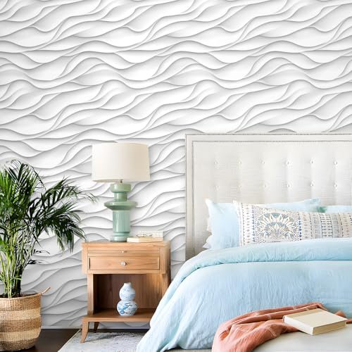 iPaste Faux 3D Fluid White Wallpaper Peel and Stick Panel Wallpaper for Bedroom Accent Wall Mural Paintable White Wavy Wall Paper Peel and Stick Modern Self Adhesive Contact Paper for Cabinets 17.5x80