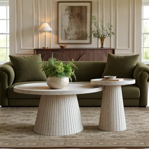 win2win Nesting Coffee Table Set of 2, Modern Fluted Coffee Table with Faux Stone Veneer, Travertine Round Tea Table and End Table Set, Minimalist Center Tables for Living Room, Office, Stone