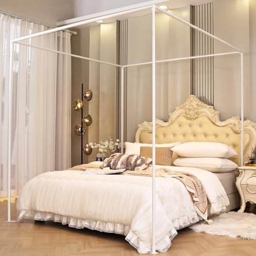 AIKASY Full Size Canopy Bed Frame with Outer Support, Thickened Metal Poles & Four Corner Brackets, Compatible with Metal/Wood Base for Bedroom Decor (White)