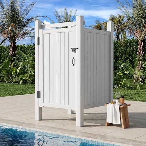 EROMMY 80.75"H x 45.75"W x 45.75"L White PVC Outdoor Shower Enclosure with Door, Weatherproof Privacy Stall for Pool & Beach, Durable Vinyl Construction（Flat-panel）