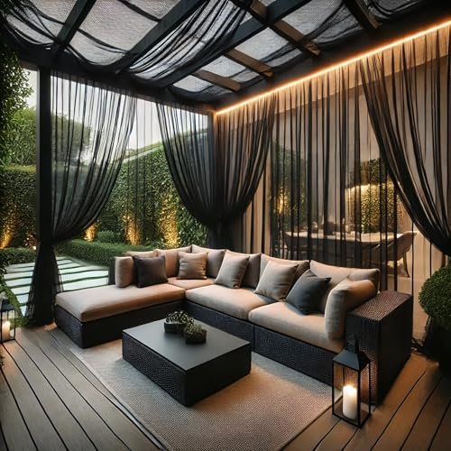 Draphelle Extra Wide Outdoor Curtains Waterproof Black Voile Mesh Screen Lightweight Privacy Bug Netting for Patio Porch Balcony Pergola Terrace, W125 x L98 inch per Panel, 2 Panels