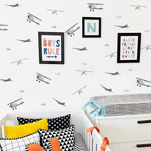 Astrkiz Boy Vintage Planes Wall Decals - Peel and Stick, Watercolor Blue Airplane and Clouds Wall Sticker for Baby Boys' Room, Kids' Playroom, Gender Neutral Nursery Wall Art