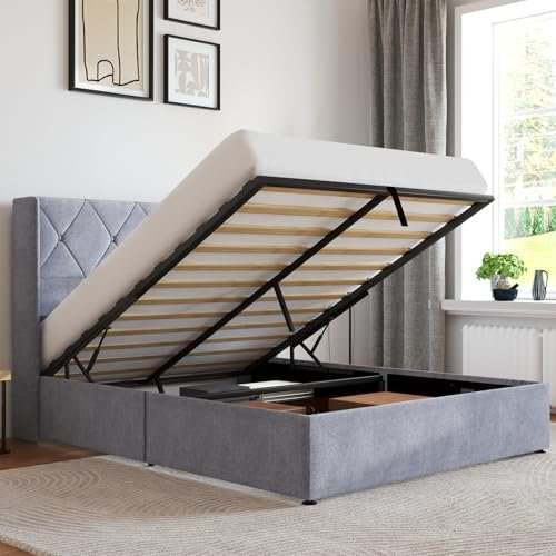 HAPPYMONT Full Size Lift Up Storage Bed Frame, Hydraulic Upholstered Platform Bed with Modern Wingback Headboard, Underbed Storage Space, Noise Free, No Box Spring Needed, Grey