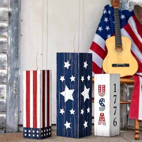 3 Pcs Large 4th of July Wooden Porch Sign Patriotic Wooden Firework Porch Decor 250th Anniversary Rustic Memorial Day Decor American National Days Yard Sign for Indoor Outdoor(Square)