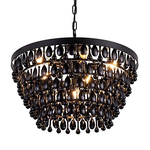 Wellmet Black Crystal Chandelier Farmhouse Crystal Light Fixture Hanging Modern Ceiling Light for Dining Room Chandeliers Gothic Decor Lighting for Kitchen, Bedroom, Foyer, Hallway, Bar, W20, 6-Light