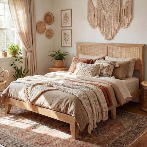 GAOMON King Size Rattan Bed Frame, Rattan Bed Frame with LED Light & Natural Headboard, Boho, Storage Space Underneth, Sturdy Wooden Slats Support, No Box Spring Needed