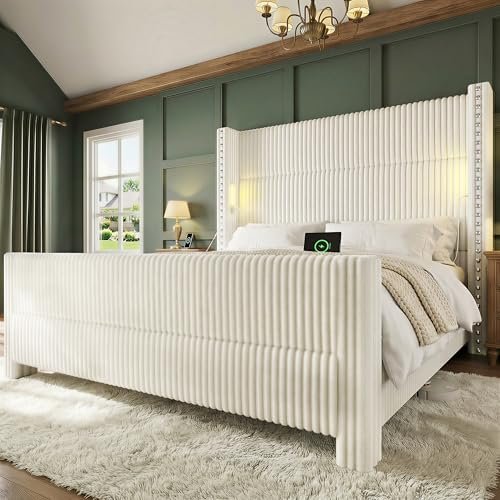 HOMiGroPa Queen Bed Frame with 56.7" Tall Headboard & Reading Lights, Corduroy Upholstered Wingback Platform Bed with Charging Station, Modern Retro Design, Noise Free, No Box Spring Required, Cream