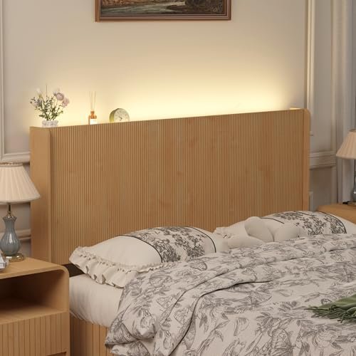 KOZIDO Queen Size Headboard Only, Boho Wood Head Board with Charging Station & LED Lights, Modern Fluted Wall-Mounted Bed Headboards for Bedroom, Height Adjustable, Natural