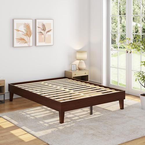 Yaheetech Queen Bed Frame Natural Solid Wood Platform Bed with Wooden Slats Support, 7.3-inch Underbed Space for Storage, Noise-Free Design, Easy Assembly, Dark Walnut Finish