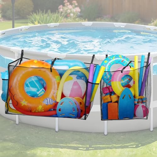 2 Pack Pool Float Storage Bag - Large and Small Mesh Hanging Pool Toy Organizers with Adjustable Straps, Universal Fence & Above Ground Poolside Storage for Inflatable Rafts, Noodles and Balls